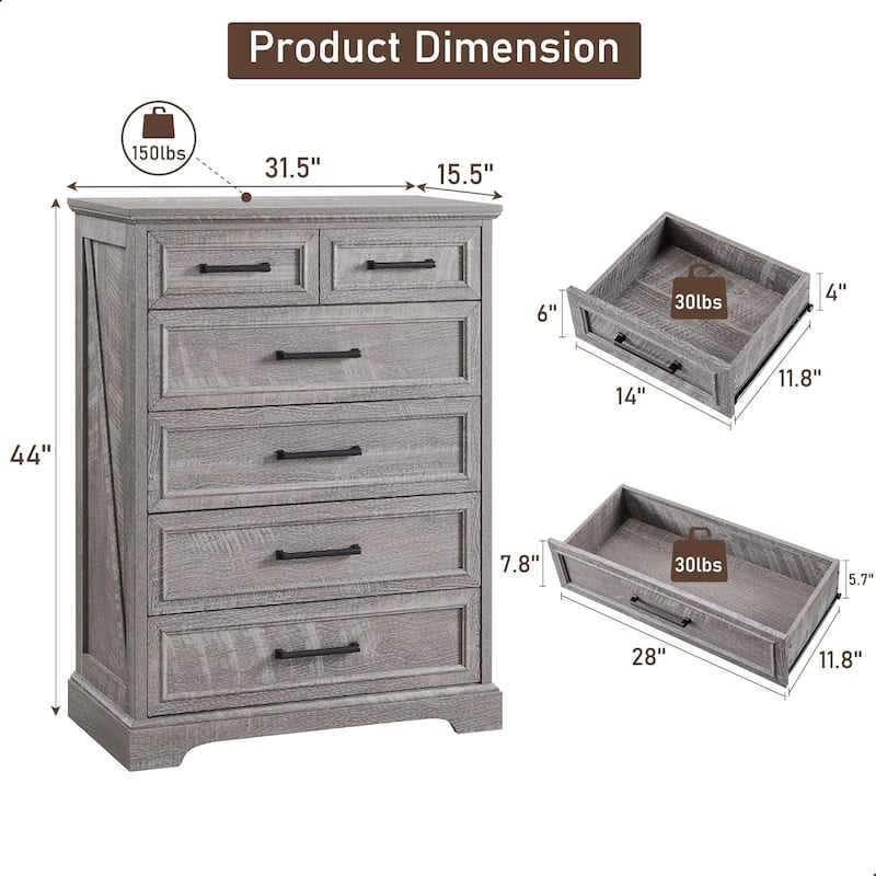 Farmhouse 6 Drawers Dresser Chests, Wood Rustic Chest of Drawers