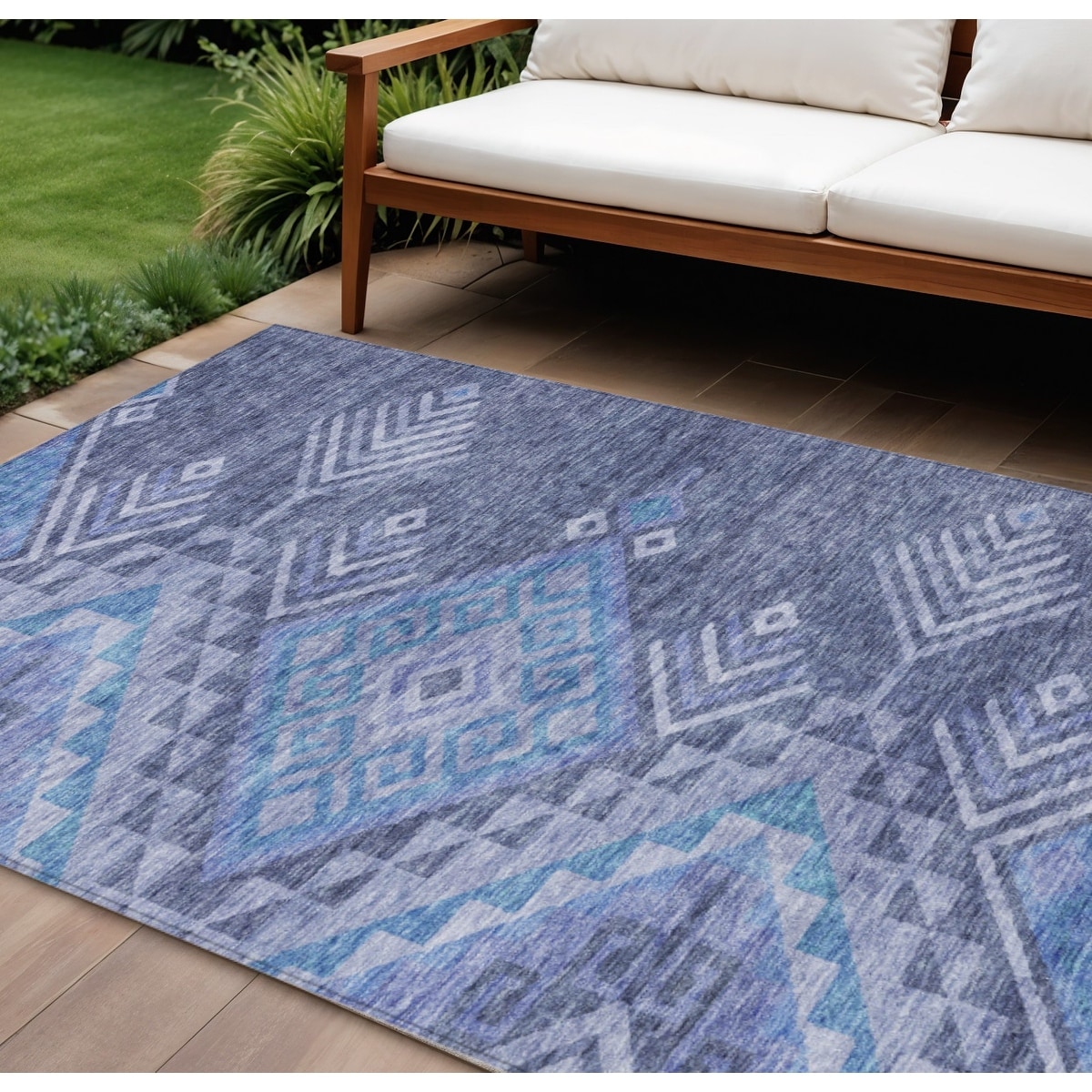 8' X 10' Navy Blue Charcoal And Gray Southwestern Washable Indoor Outdoor Area Rug - 9' x 12'