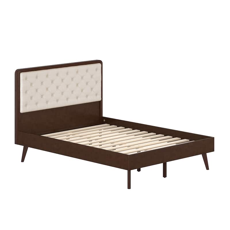 Solid Wood Full/Queen/King Size Platform Bed Frame with Upholstered Tufted Headboard