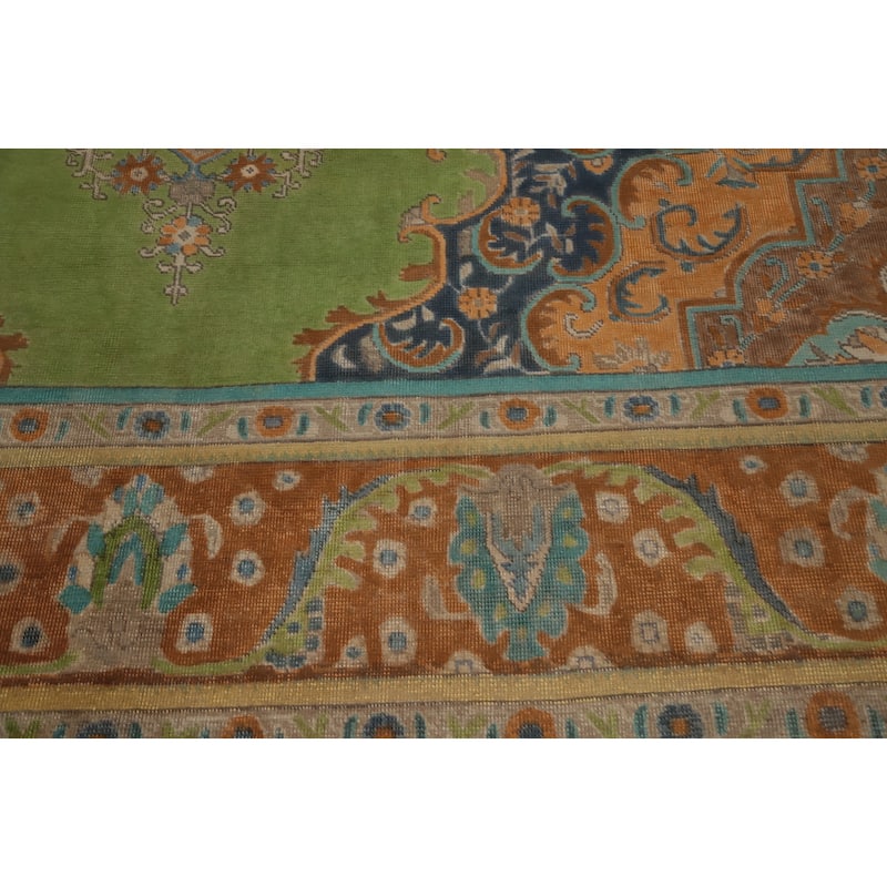 Hand Knotted Oriental 100% Wool Carpet Traditional Floral Green Tabriz Area Rug - 12' 4'' X 9' 8''