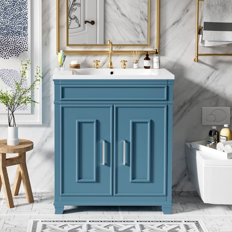 30 Inch Bathroom Vanity with Resin Sink - Freestanding Vanity with Storage Shelf and Solid Wood Frame