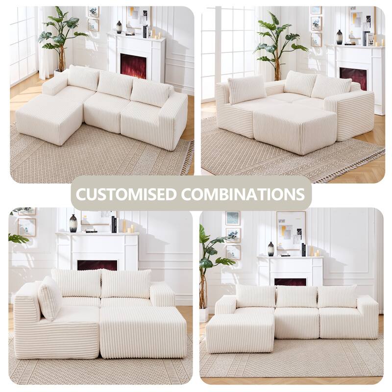 L-Shape Sectional Sofa with Ottoman, Fabric Upholstered Floor Cloud Couch, Modular Corner 3 Seat Sofa with Deep Seat
