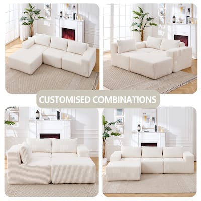 Minimalist Modular Corduroy Cloud Couch, L-shaped Sectional Sofa with Deep Seats and Ottoman Chaise Lounge for Living Room