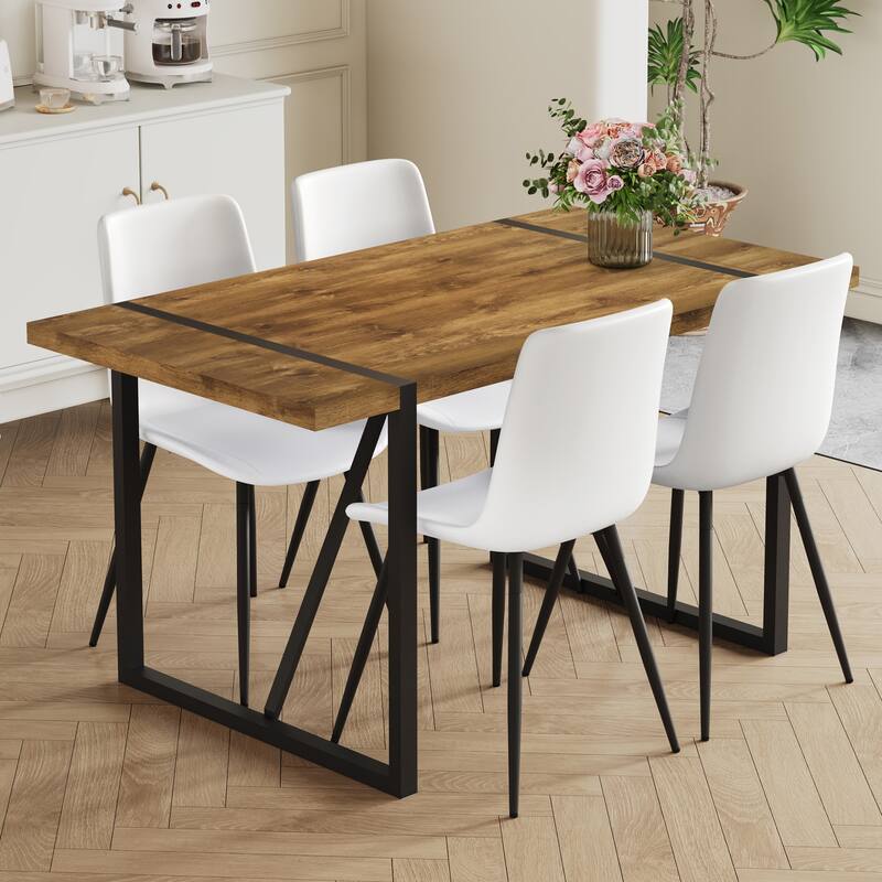 5-Piece Kitchen Dining Table Set, Rectangular Table with 4 White Faux Leather Chairs for Family Dining Areas