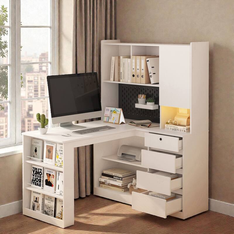 L Shaped Desk with Charger and LED Light, Corner Computer Desk with Drawers Bookshelf and Storage for Home Office - White