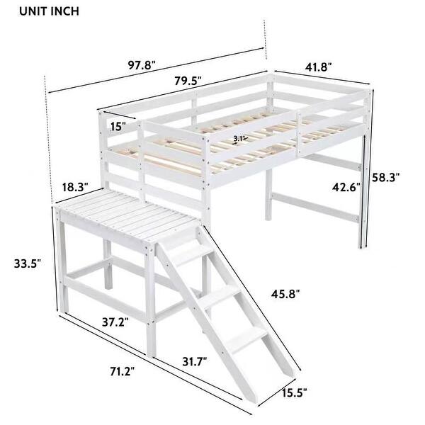 dimension image slide 1 of 2, Twin Pine Loft Bed with Platform & Ladder