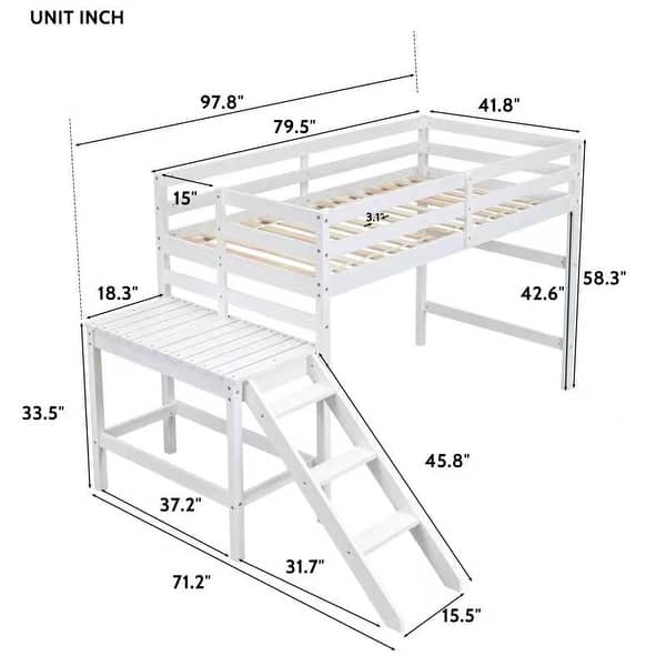 White Twin Size Pine Wood Loft Bed with Platform and ladder for Kids, Boys and Girls
