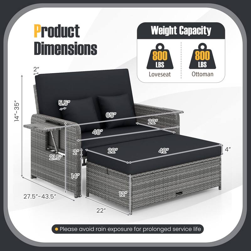 Gymax Rattan Daybed Wicker Loveseat Sofa Set w/ Ottoman & Retractable