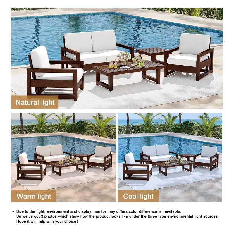 5-Piece Patio Wood Conversation Set with Loveseat, Chairs and Tables