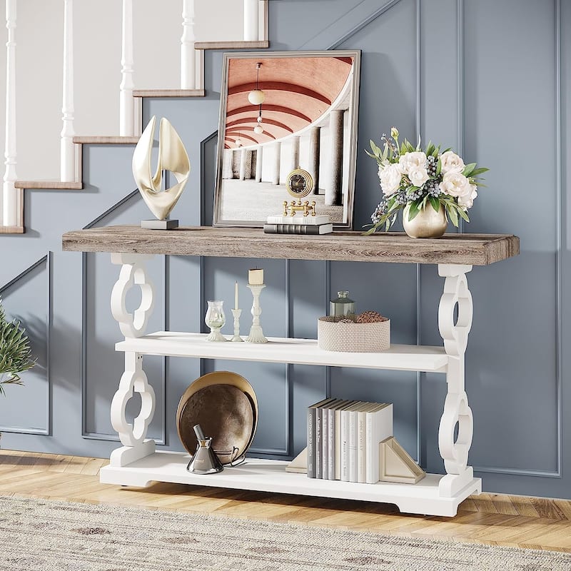 Farmhouse Console Table, 3 Tier Entryway Sofa Table Narrow Long, 55-inch Accent Table for Hallway, Grey