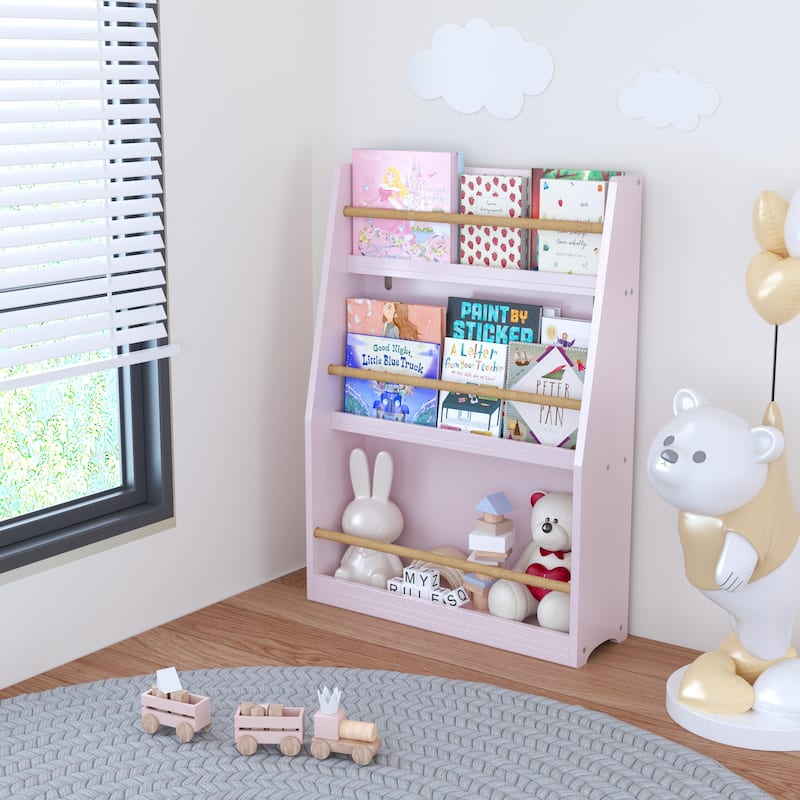 3 Tier MDF Pine Wood Kids Book Rack Shelf with Safe Tip-Over Protection Included for Playroom or Nursery