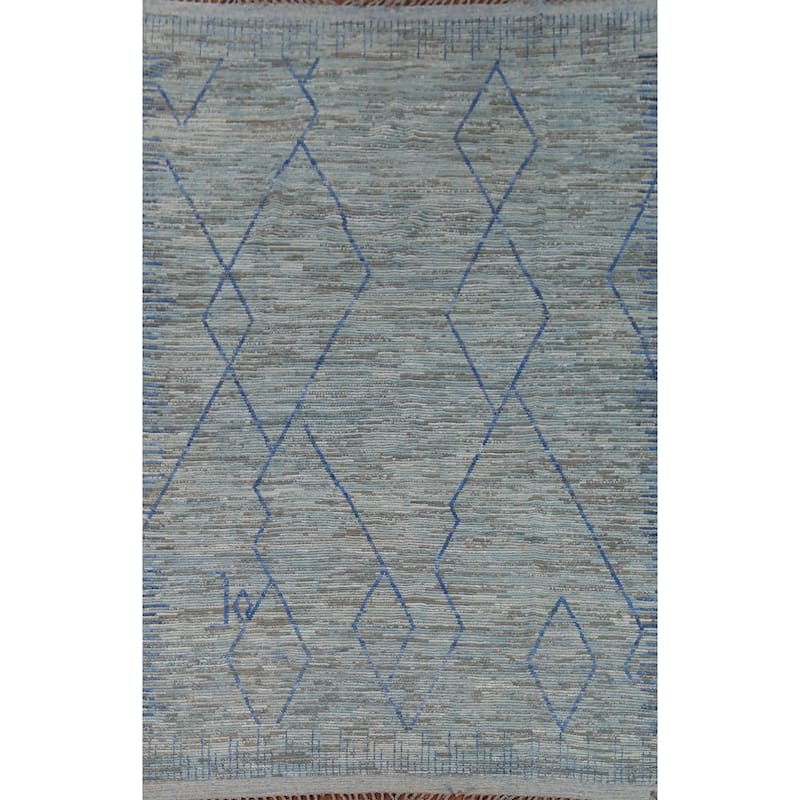 Moroccan Oriental Area Rug Hand-Knotted Blue Wool Carpet - 8'9" x 12'9"