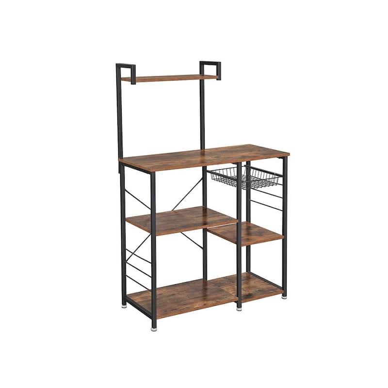 Kitchen Microwave Oven Stand Shelf with Wire Basket and 6 S-Hooks - 35.4"L x 15.7"W x 52"H