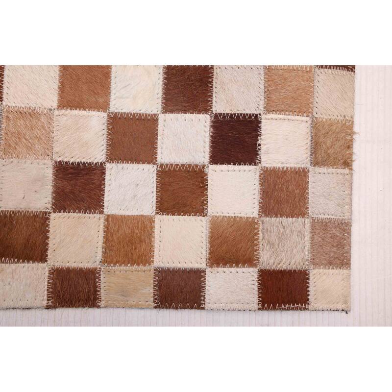 ECARPETGALLERY Handmade Cowhide Patchwork Brown Leather Rug - 5'11 x 5'11