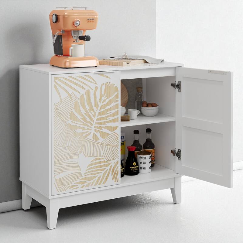 31.5 Inch Vintage Carved Buffet Cabinet with 2 Doors & Adjustable Shelves, Wooden Sideboard for Storage, White MDF