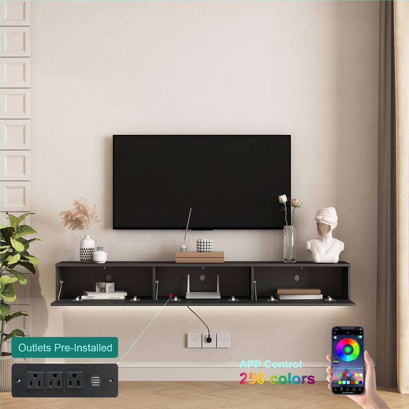 69" Modern TV Stand, Floating TV Cabinet Entertainment Center with 16 Color LEDs