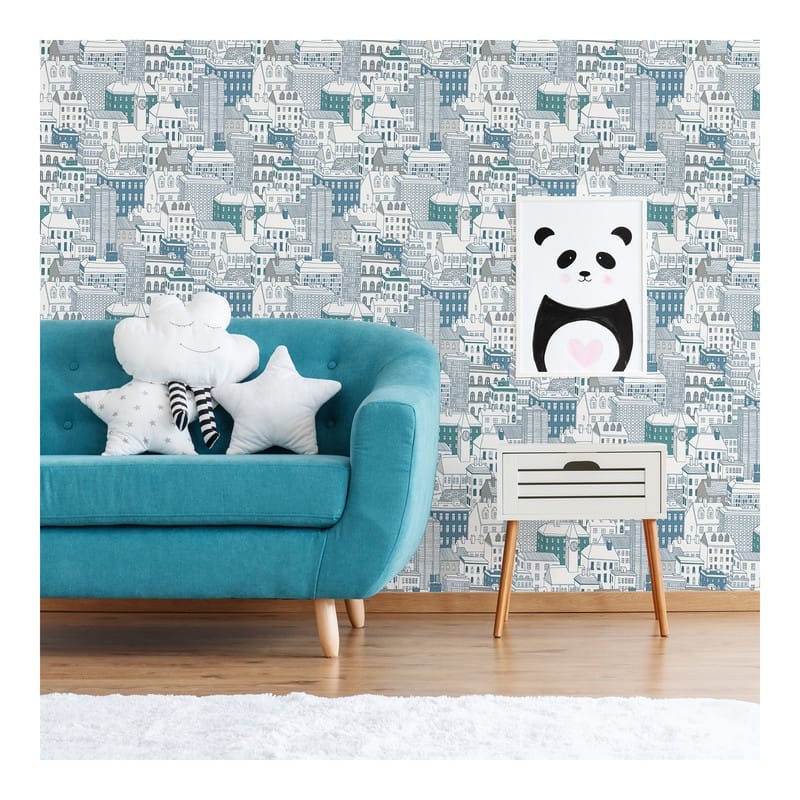 Brewster West Teal City Wallpaper - 20.5 x 396 x 0.025