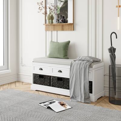 Homes Collection Wood Storage Bench with Drawers and Baskets