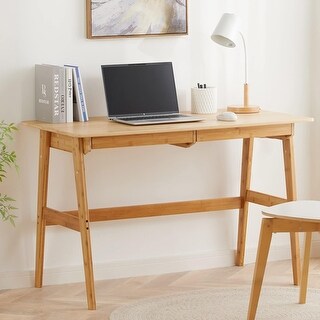 46 Inch Bamboo Computer Desk with 2 Drawers, Modern Home Office Study ...