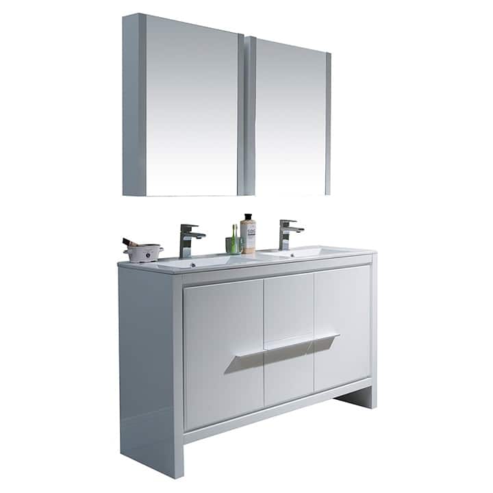 Solid Wood Bathroom Vanity with Mirror Medicine Cabinet - 48Inch - Glossy White