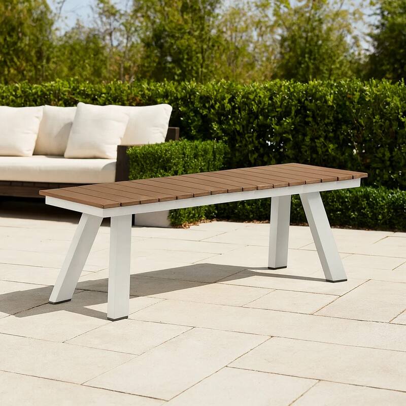 Zia 54 Inch Outdoor Dining Bench, Brown Polyresin Top, White Aluminum Frame