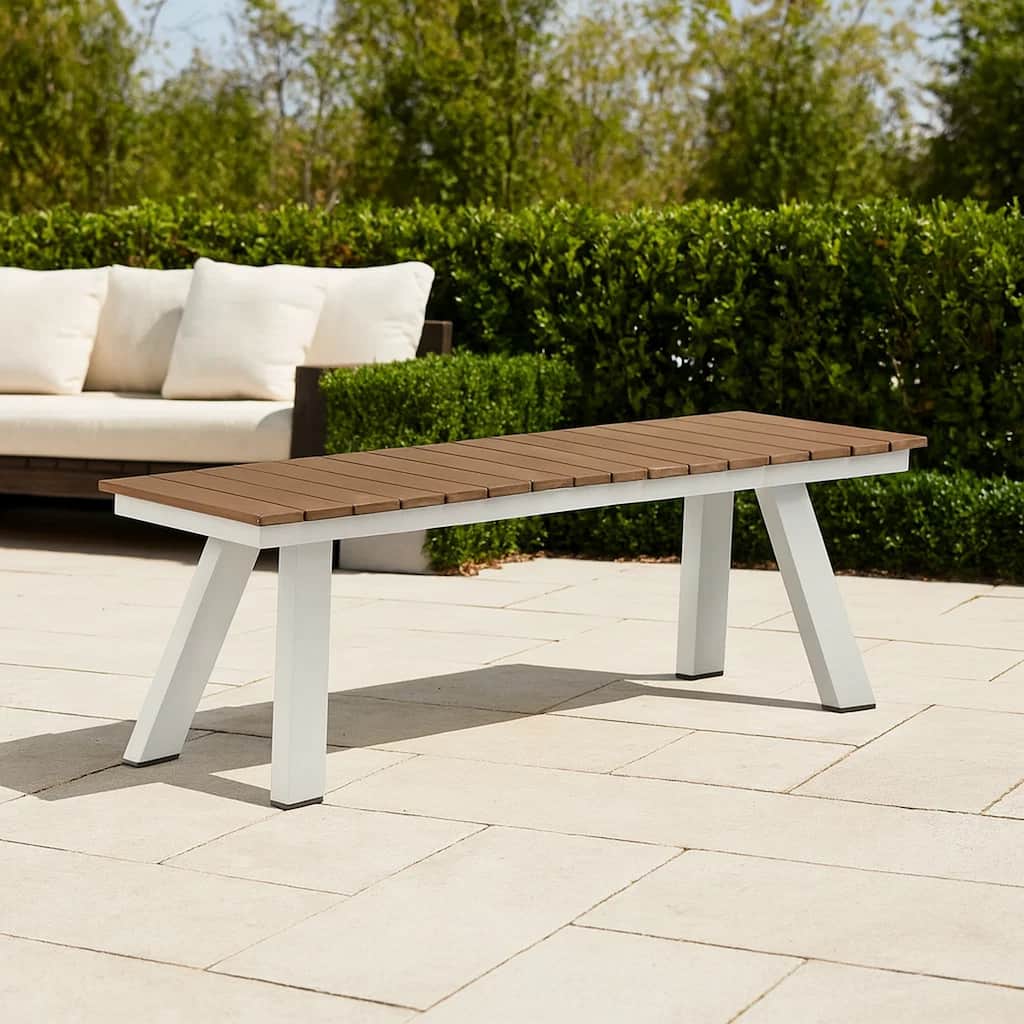Zia 54 Inch Outdoor Dining Bench, Brown Polyresin Top, White Aluminum Frame