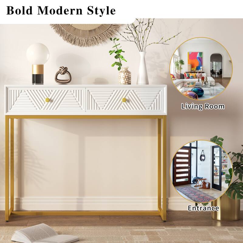 38" Modern Console Table with Two Drawers and Gold Metal Base for Entryway, Living Room