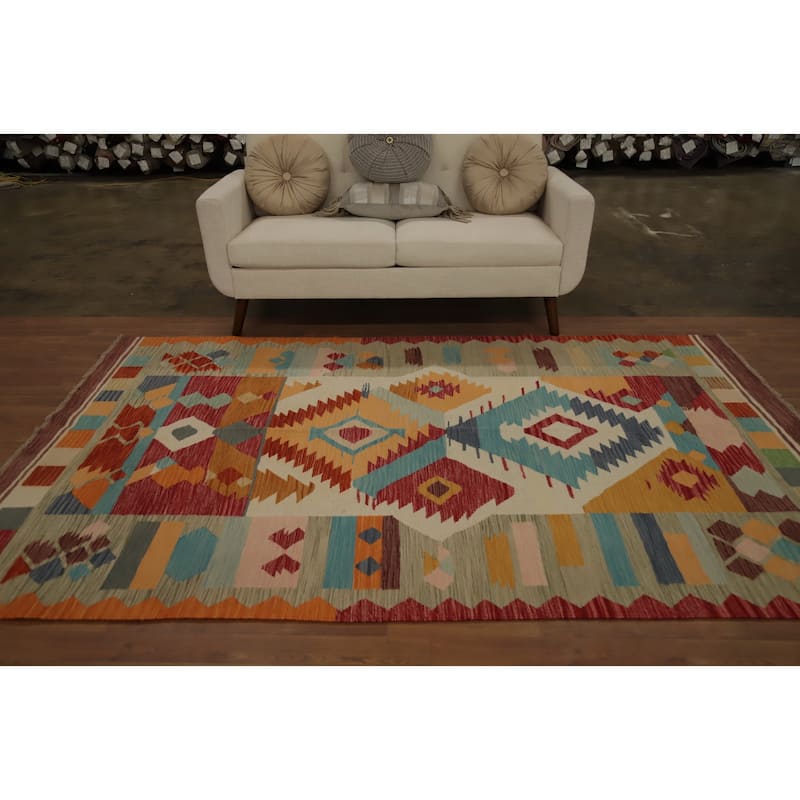 Hand Woven Oriental 100% Wool Carpet Southwestern Tribal Multi-Colored Kilim Area Rug - 8' 8'' X 5' 6''
