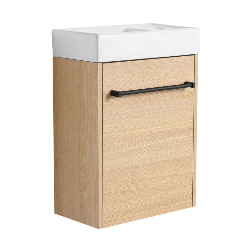 16" Wall-Mounted Bathroom Vanity with Carrara White Ceramic Sink, Soft-Close Doors, and Ample Storage
