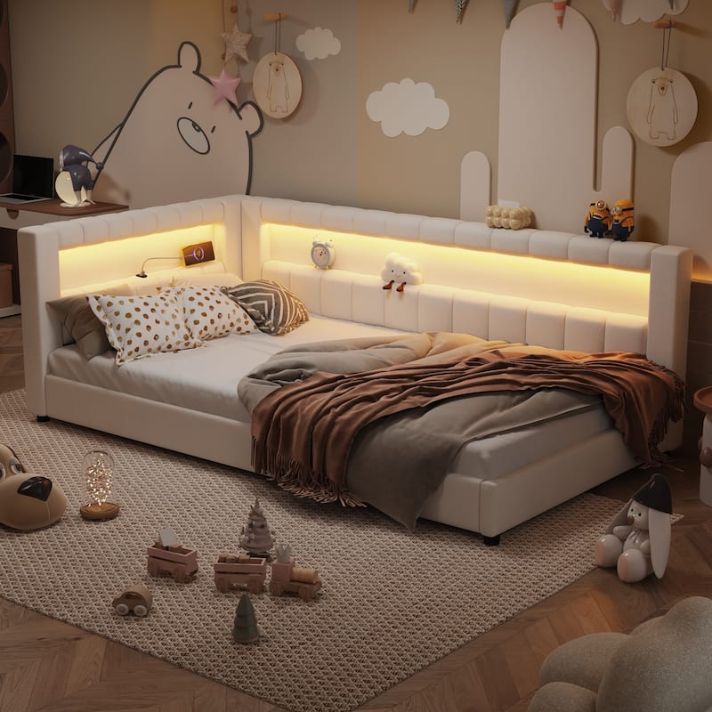 Upholstered Low-Profile Daybed Platform Bed Built-in USB Ports and LED Light Belt, Grounded Design with Padded Backrest - White - Twin XL