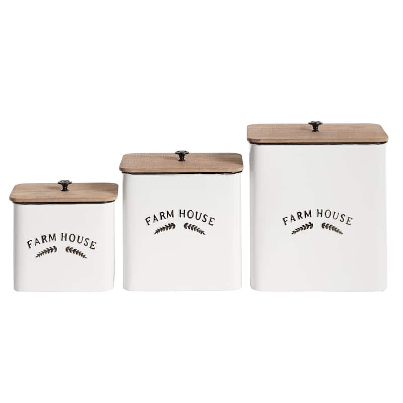 Metal Farm House Canisters with Wood Lids and Black Accents - Set of 3 White - Roche River Decor - 7"W x 10"L x 11"H