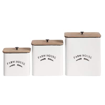 Metal Farm House Canisters with Wood Lids and Black Accents - Set of 3 White - Roche River Decor - 7"W x 10"L x 11"H