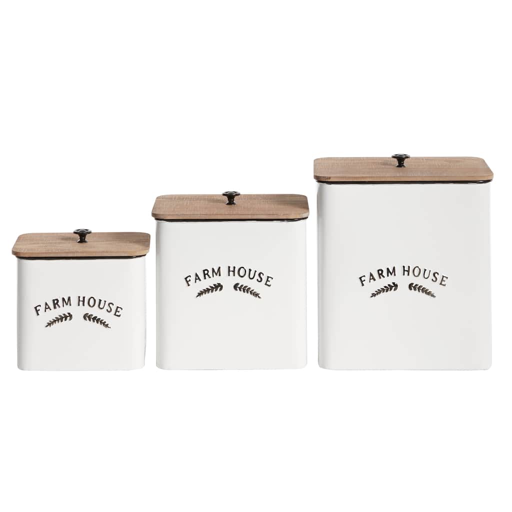 Metal Farm House Canisters with Wood Lids and Black Accents - Set of 3 White - Roche River Decor - 7"W x 10"L x 11"H