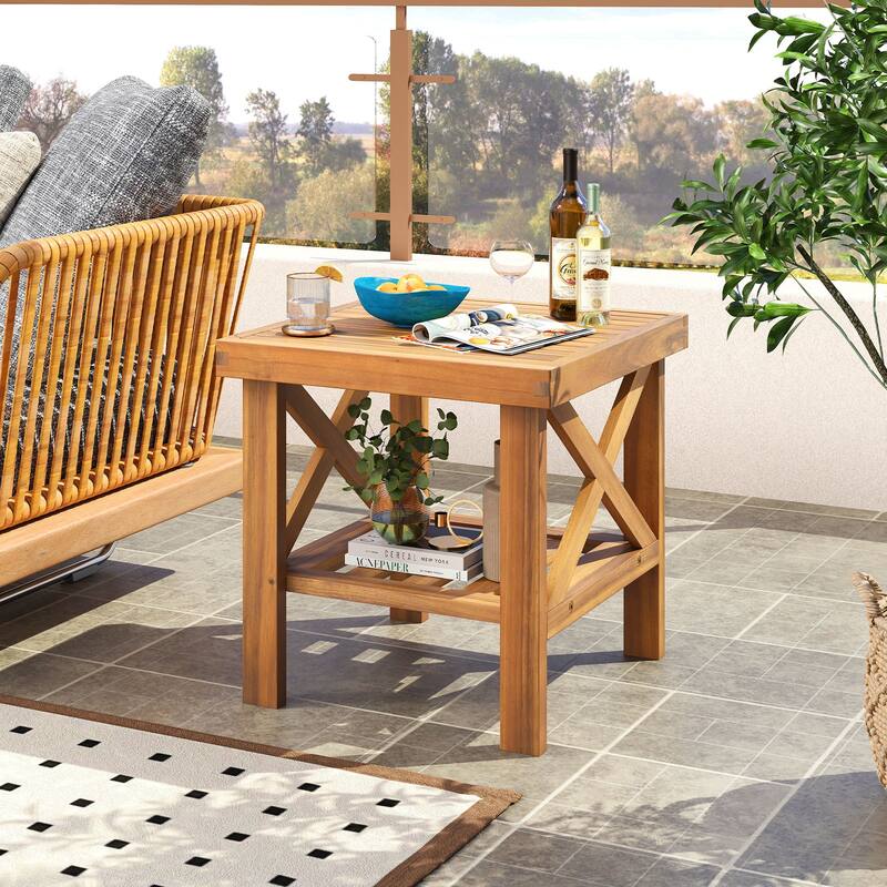 Gymax Outdoor Side Table Acacia Wood Adirondack Table w/ Storage Shelf