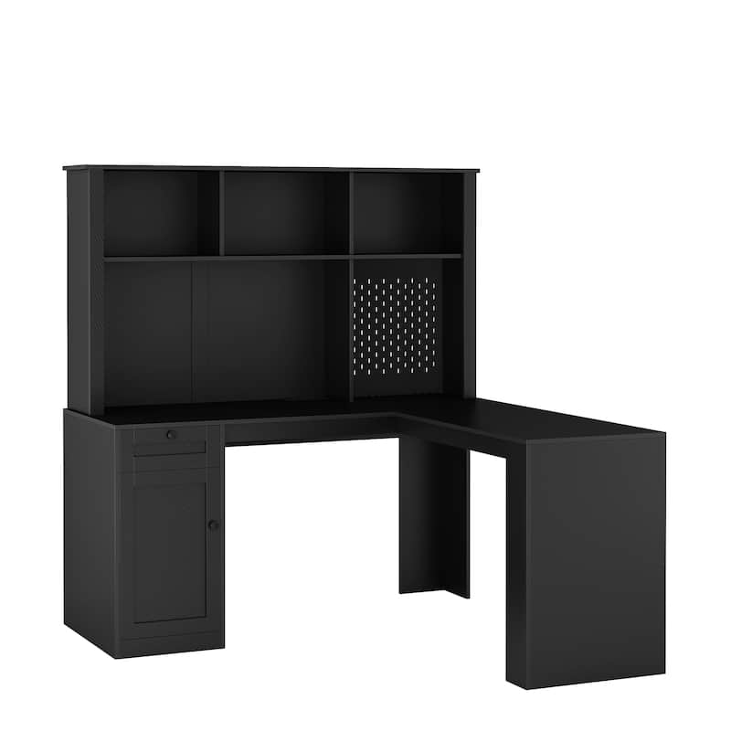 GDFStudio - Natalie Multipurpose L Shaped Computer Desk with Storage, Charging Station, and Modern Bookshelf Design