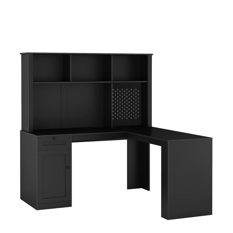 L Shaped Computer Desk with Outlet,Bookshelf & Hutch
