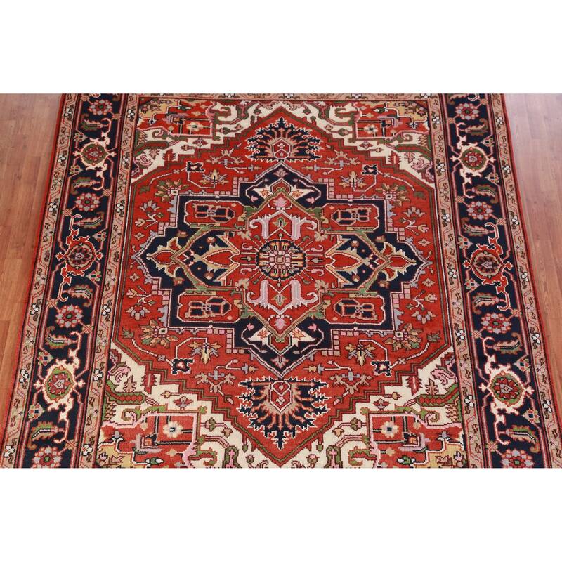 Hand Knotted Oriental 100% Wool Carpet Traditional Medallion Oranges & Rust Heriz (serapi) Area Rug - 9' 11'' X 8' 1''