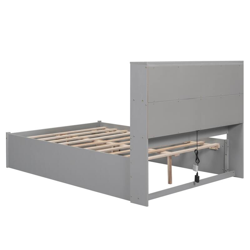 Full Size Platform Bed with Bookcase Headboard and 2 Storage Drawers, Wooden Full Storage Bed Frame with Charging Station