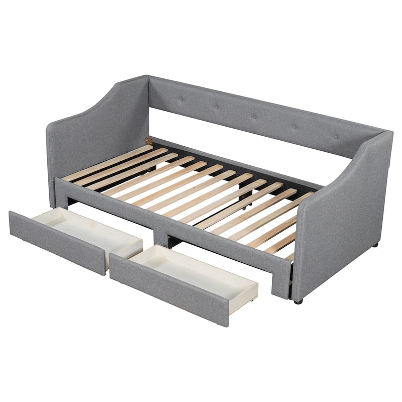Twin XL to King Size Linen Fabric Daybed, Pull Out Upholstered Platform Sofa Bedframe with 2 Drawers, Wood Slats Support