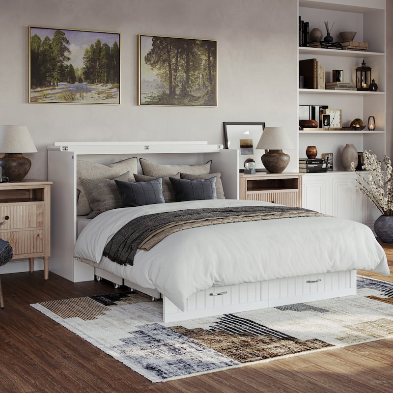 Aspen Queen Murphy Bed Chest with 6" Mattress, Storage Drawer & Built-In Charger in White