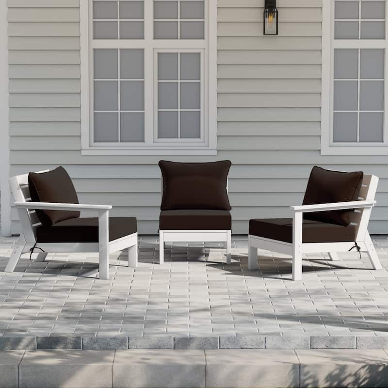 Polytrends Birchwood All Weather HDPE Outdoor Patio Deep Seating White Sofa With Cushions (3-Piece) - White/Brown