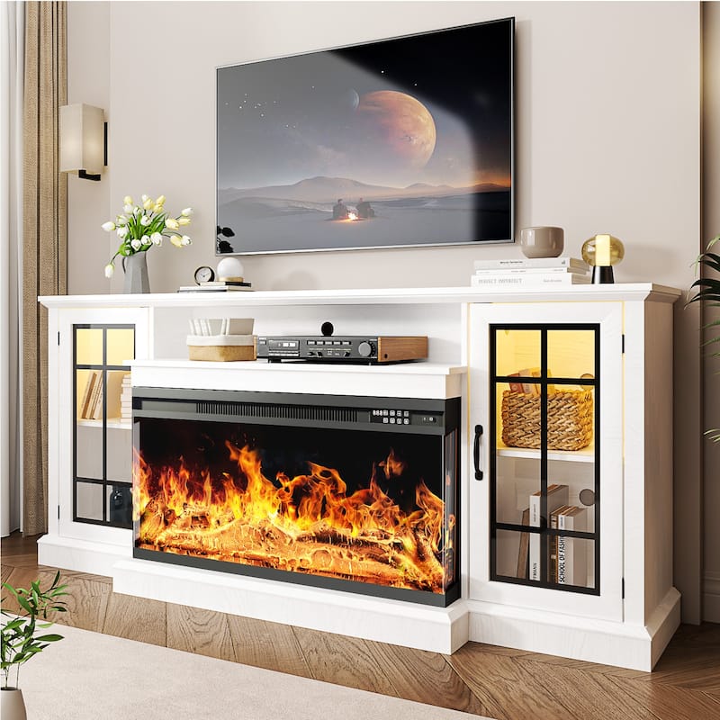 36 Inch 3-Sided Glass Fireplace TV Stand for TVs up to 80" - White