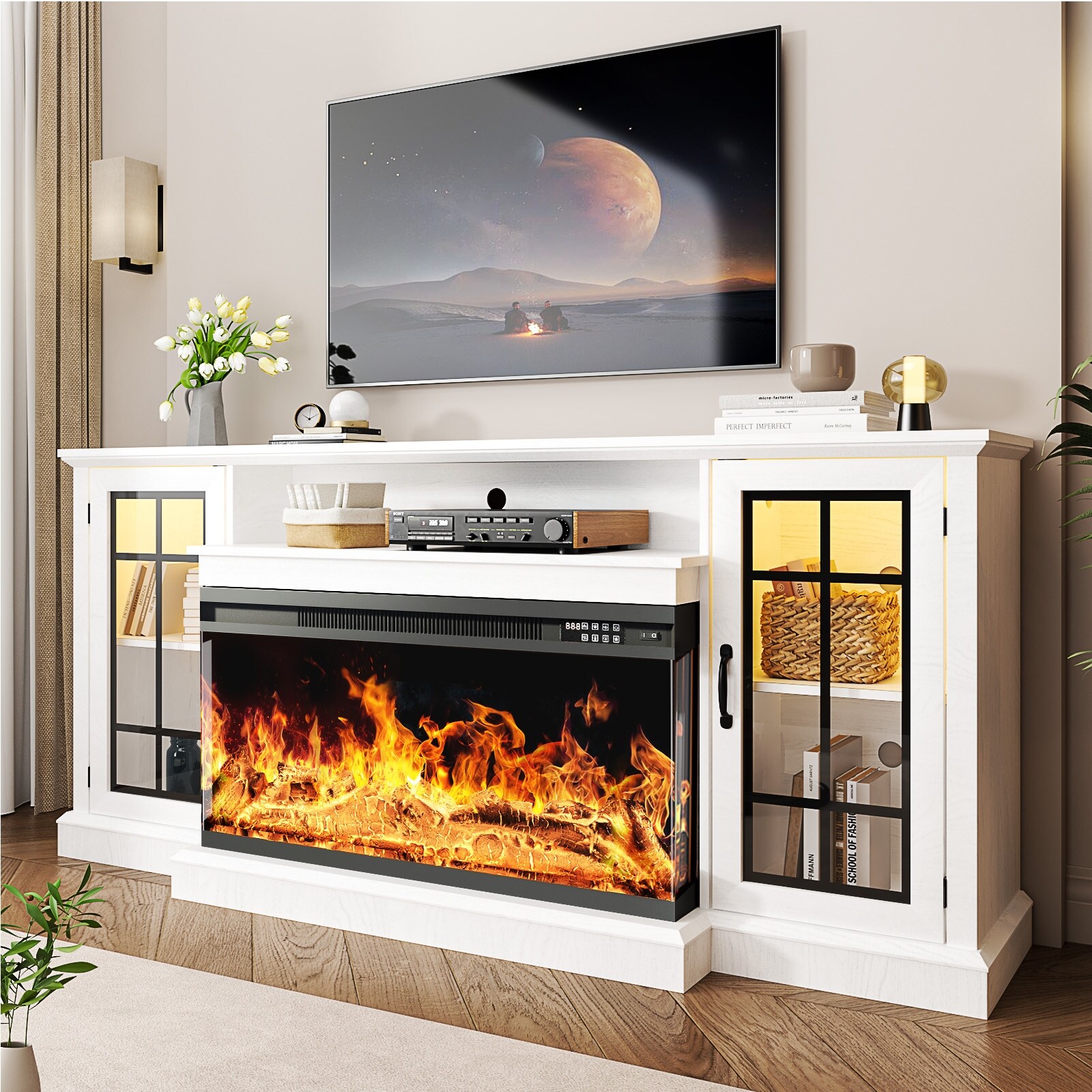 thumbnail image 2 of RedLemon Electric Fireplace With Mantel, 3-Sided Glass Farmhouse TV Stand With Fireplace For TVs Up To 65", 52" Media Entertainment Center Console With Storage For Living Room, Antique Brush White 2 of 11