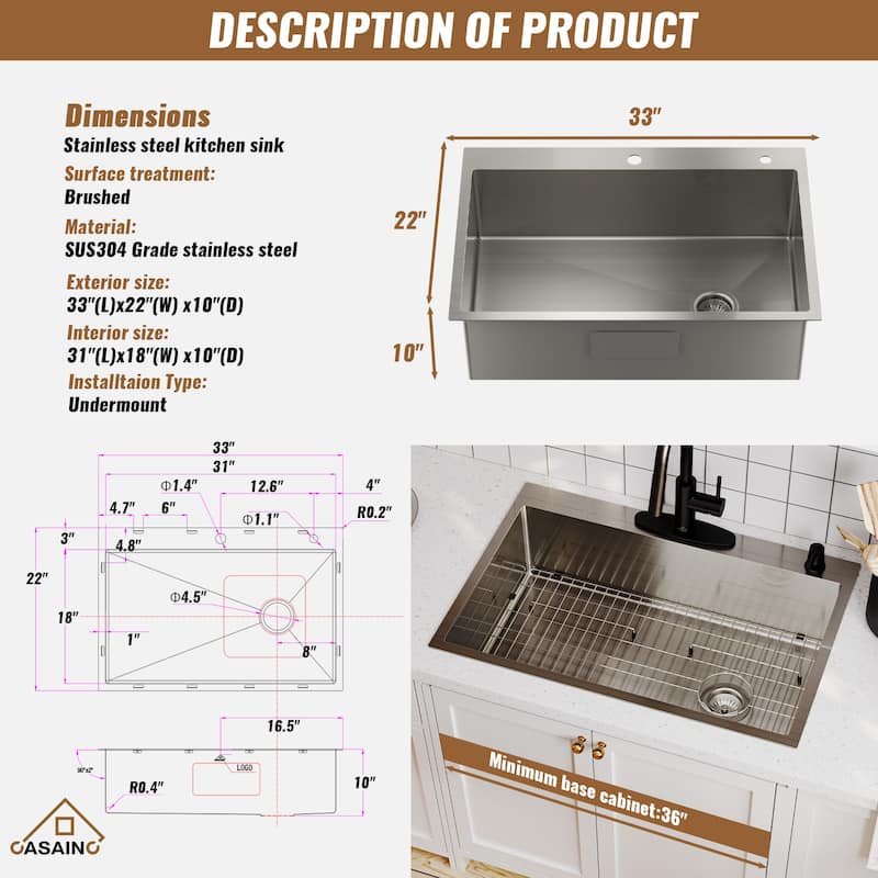 Stainless Steel Sink 33 in. 16-Gauge Single Bowl Drop-In Kitchen Sink with Bottom Grid and Drainer - 33" x 22"