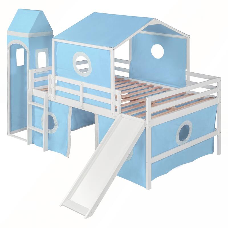 Full Size Loft Bed with Slide Pink Tent and Tower