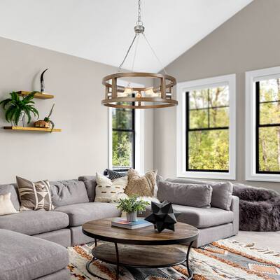 Modern Farmhouse 5-Light Drum Wood Grain Metal Chandelier - Brown - D 20.5"x H 84"