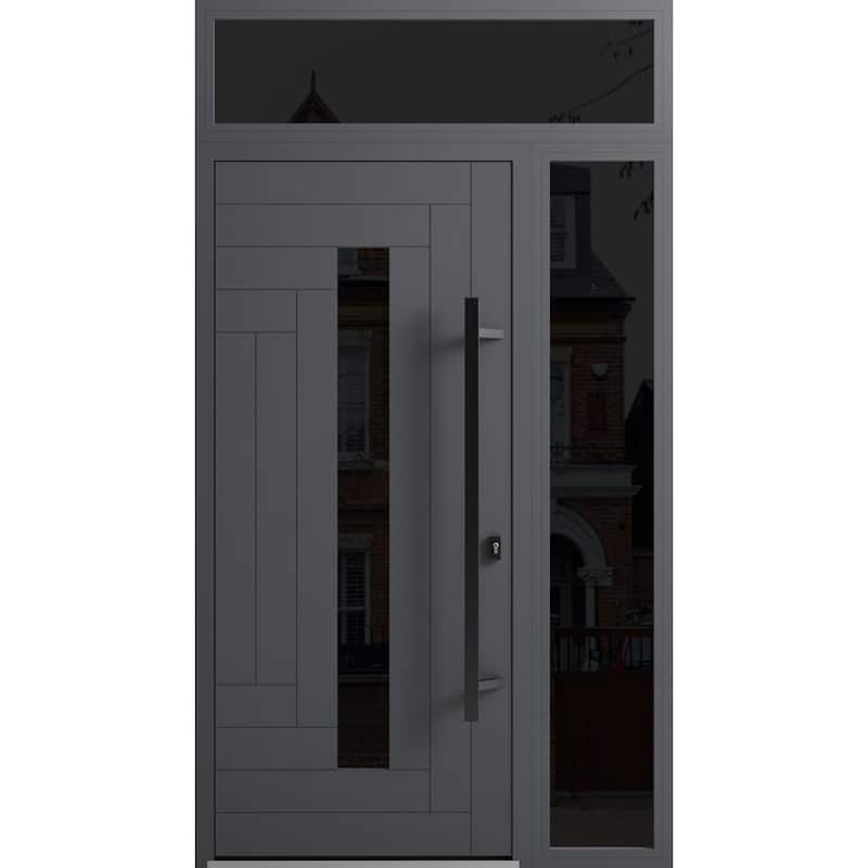 Front Prehung Steel Door Ronex 1011 Grey Side and Top Window Sidelite Stainless Inserts W36+12xH80+16 Lh I - Grey - 50" x 96"