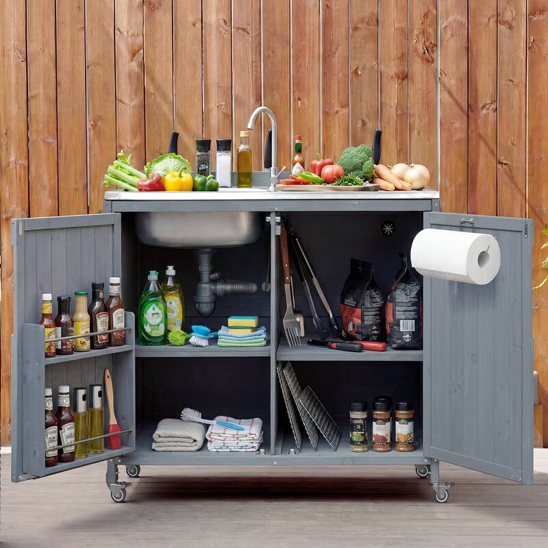 39.4" Outdoor Kitchen Island with 304 Stainless Steel Sink, Faucet & Storage Cabinet