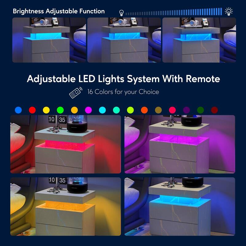LED Bedside Table with 2 Drawers - Multi-Color Adjustable Lights, Modern White Nightstand for Bedroom & Living Room