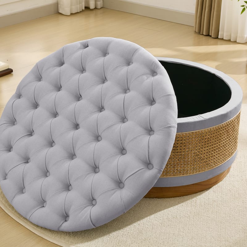 Linen & Rattan Round Storage Ottoman, Button-tufted Upholstery